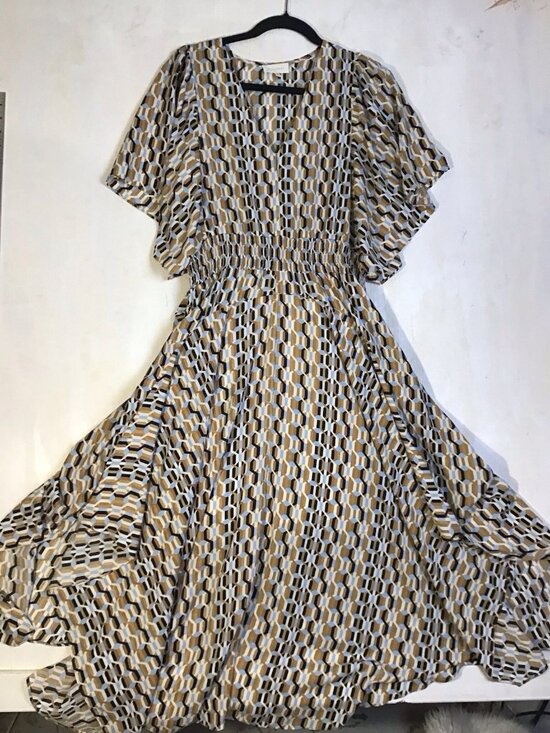 MELLODAY Dresses & Skirts - Melloday Geometric Print Smocked Waist Flutter Sleeve Rachelle Maxi Dress S